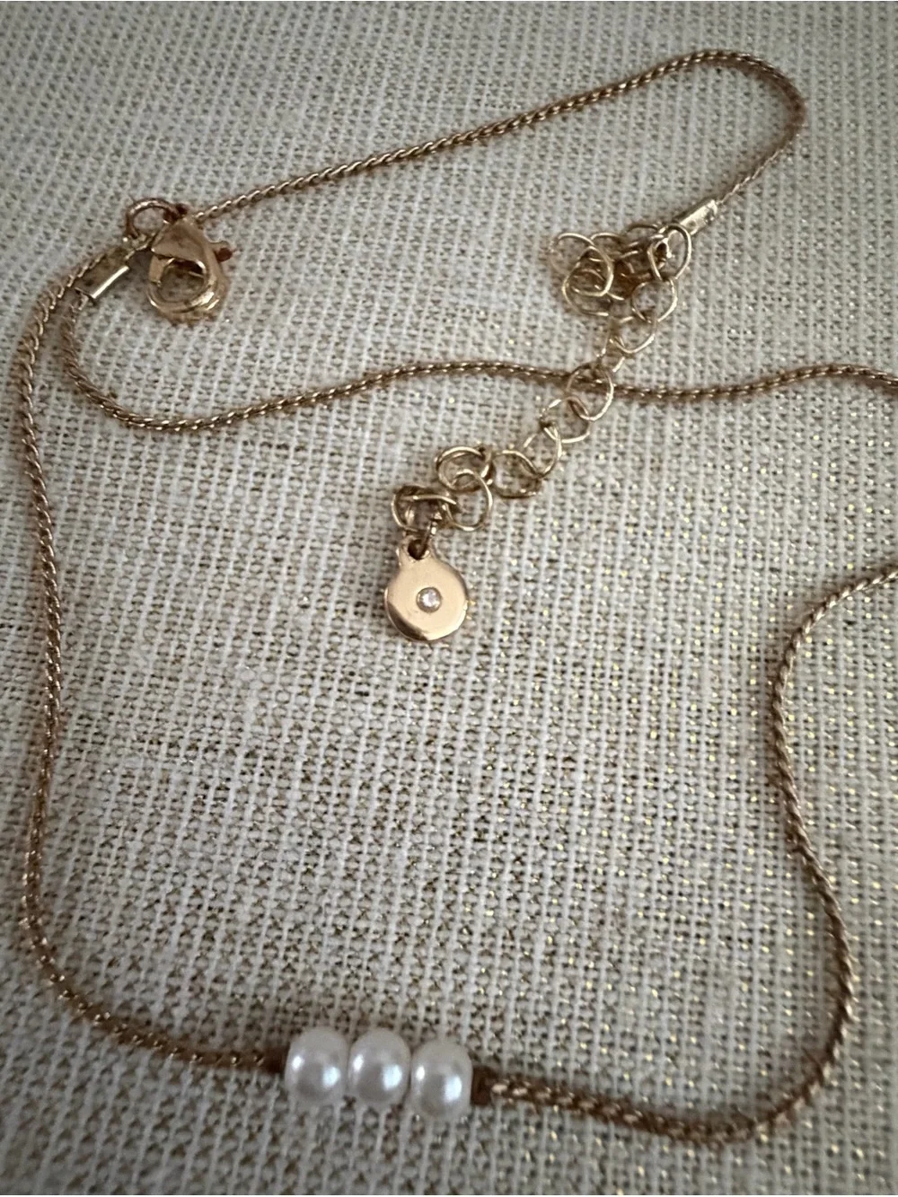 Gold Tone Chain Necklace with Three White Pearl Beads